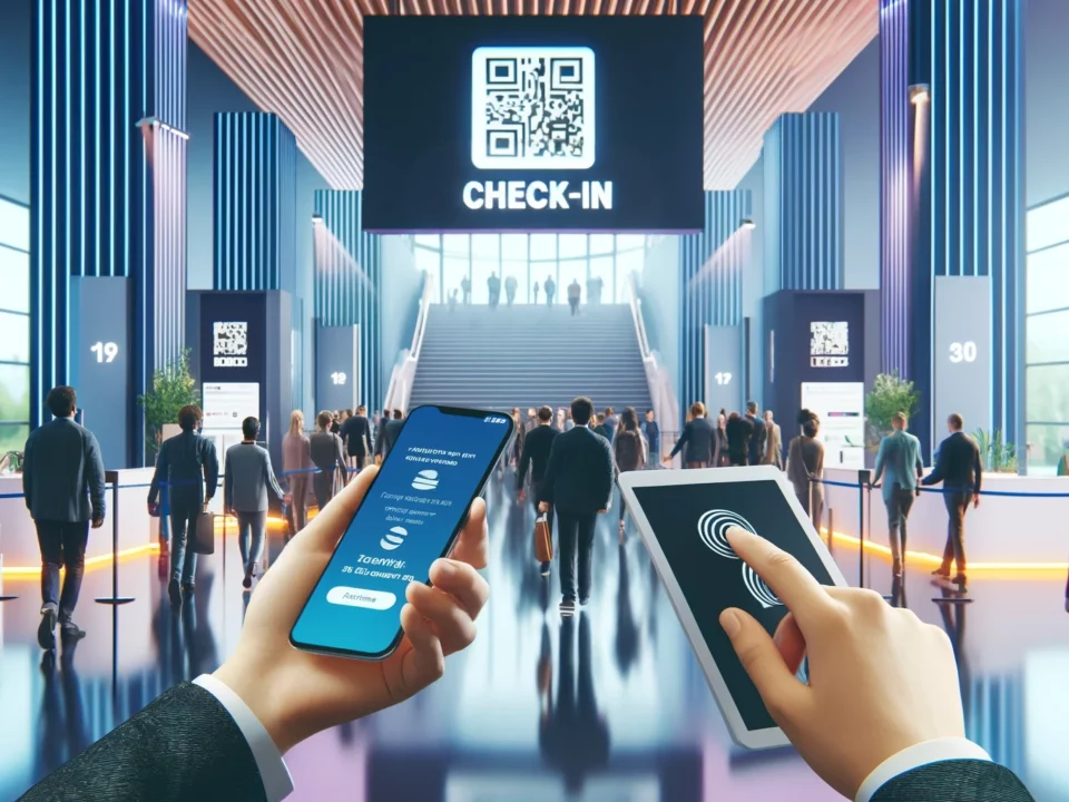 KI-erstelltes Bild, auf dem ein Eingang zu einem Event gezeigt wird und ein großer QR-Code mit "Check-in" und zwei Personen, die ihre mobilen Endgeräte nutzen, um sich bei dem Event einzulassen