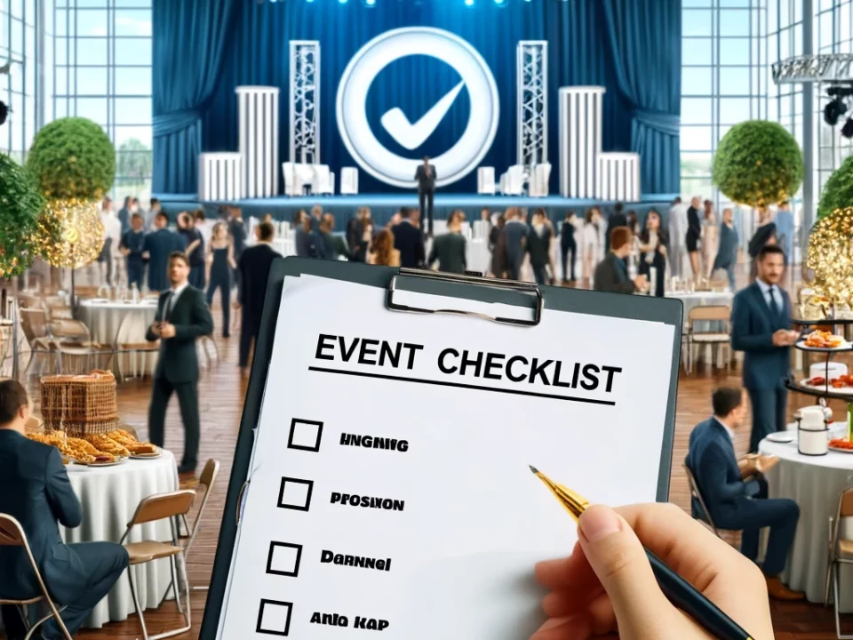 KI-erstelltest Bild, auf dem man sieht, wie jemand eine Checkliste hält und im Hintergrund ein Event abläuft