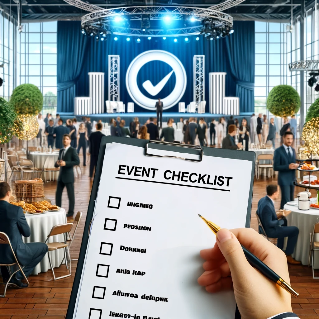 KI-erstelltest Bild, auf dem man sieht, wie jemand eine Checkliste hält und im Hintergrund ein Event abläuft